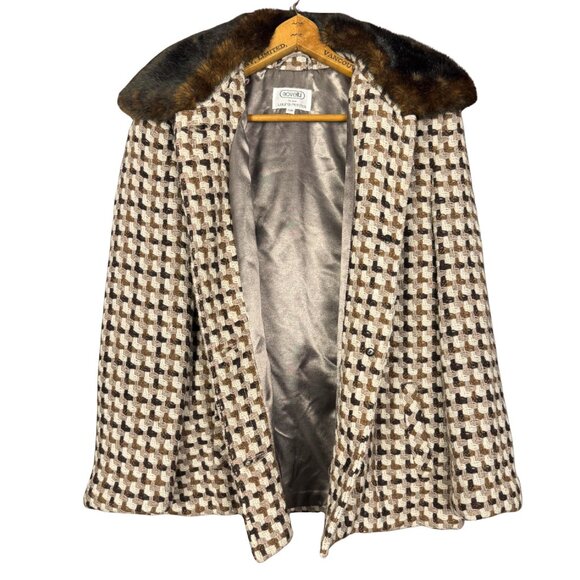 Vintage 90s Boho Wool Blend Coat Brown Cream Houndstooth Jacket Faux Fur Collar - Picture 7 of 11